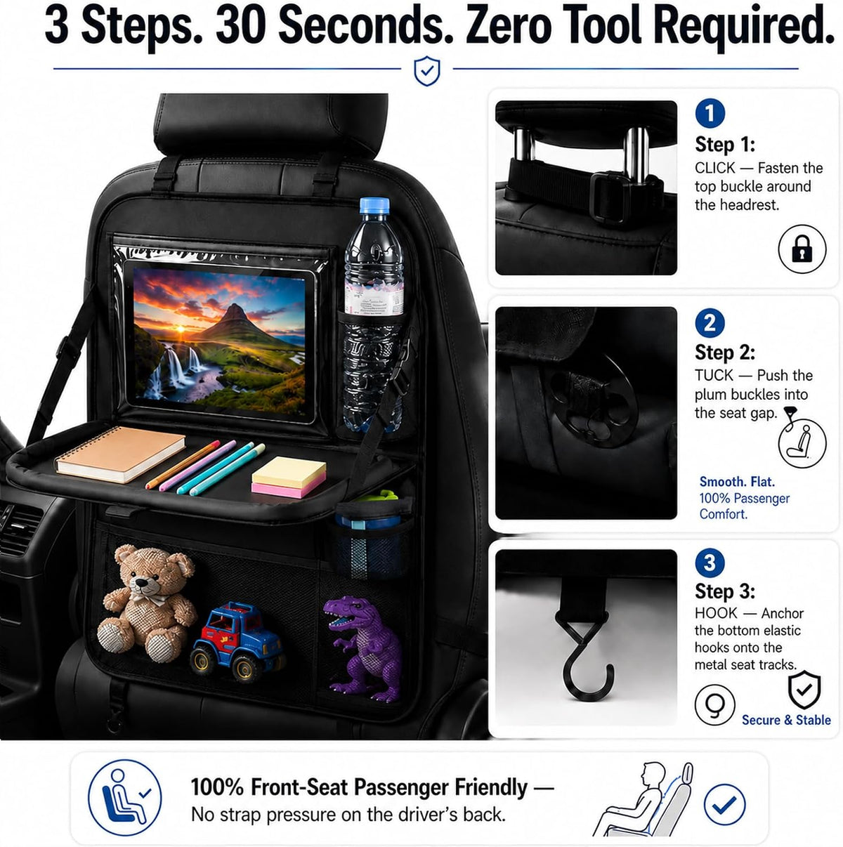 Backseat Car Organizer with Tray Table,Dual 11" Tablet Holder-1 Pack