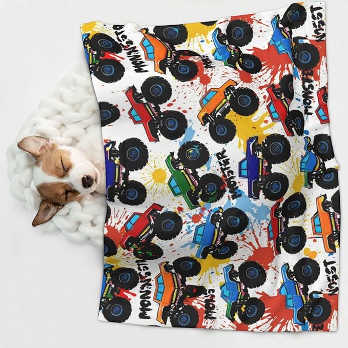 Pet Blanket for Couches and Beds, Grunge Monster Truck Car Art, Reversible Double Sided Plush Design with Soft Bumpy Texture and Smooth Surface, Furniture Protector