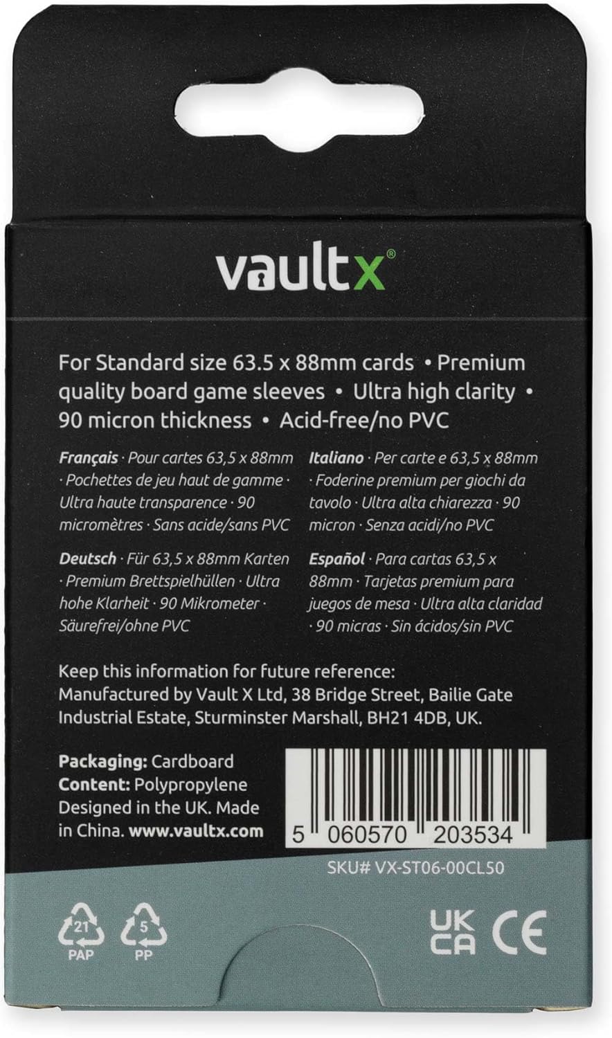 Vault X Board Game Sleeves - Premium Clear Protection for Standard Cards | 65.5 x 91mm (50 Pack)