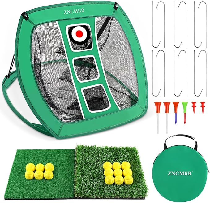 Pop Up Golf Chipping Net, Indoor/Outdoor Golfing Target Net Collapsible Portable Golf Hitting Net with 15 Training Balls and 2 Hitting Mats for Backyard Driving and Swing