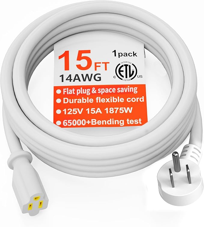 HUANCHAIN 14 Gauge 15 FT Flat Plug Extension Cord White Indoor Outdoor, Heavy Duty 3 Prong Grounded Low Profile Extension Wire Flexible, 15A 1875W 125V 14AWG SJTW, ETL Listed