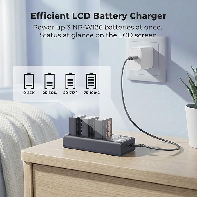K&F CONCEPT 3-Pack NP-W126 Battery and Upgraded 3-Slot NP-W126S XT30III Battery