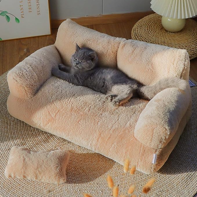Soft Fluffy Self-Warming Cat Bed | Washable Pet Sofa for Indoor Cats & Small Dogs | Cute Princess-Inspired Kitten Couch & Puppy Bed(Light Orange,35.43''*22.05''*11.81'')