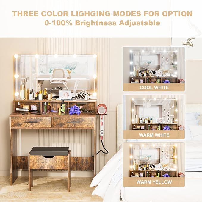 Makeup Vanity with Lighted Mirror & Power Outlet, Makeup Table Vanity Set with 3 Lighting Colors, Brightness Adjustable, Brown