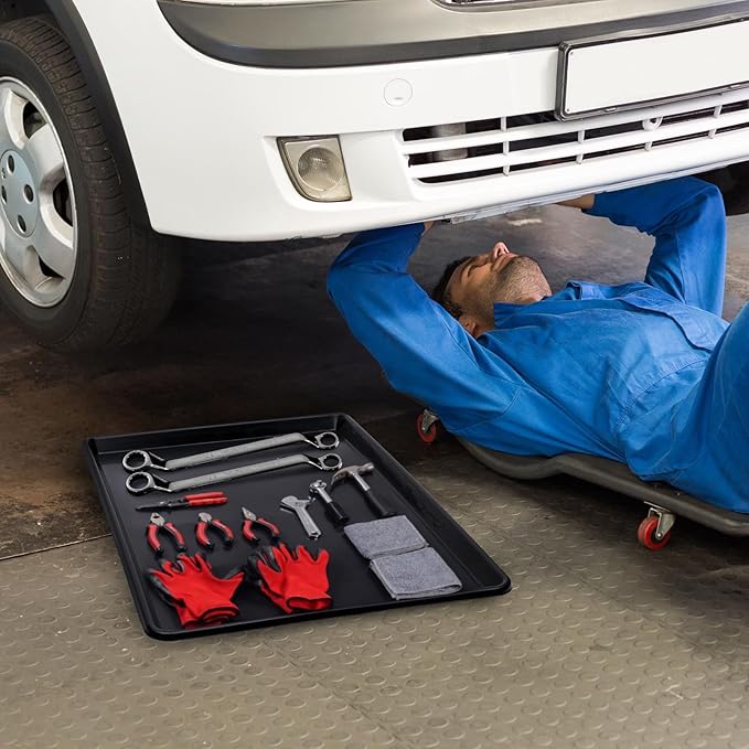 3 Pcs Extra Large Oil Drip Pan – 35.4 x 24 x 1.5 Inch, Auto Oil Change Drain Tray, Heavy Duty Plastic Drip Tray for Cars, Trucks, Washing Machines & More + Oil Spill Catcher with 2 Pairs of Gloves