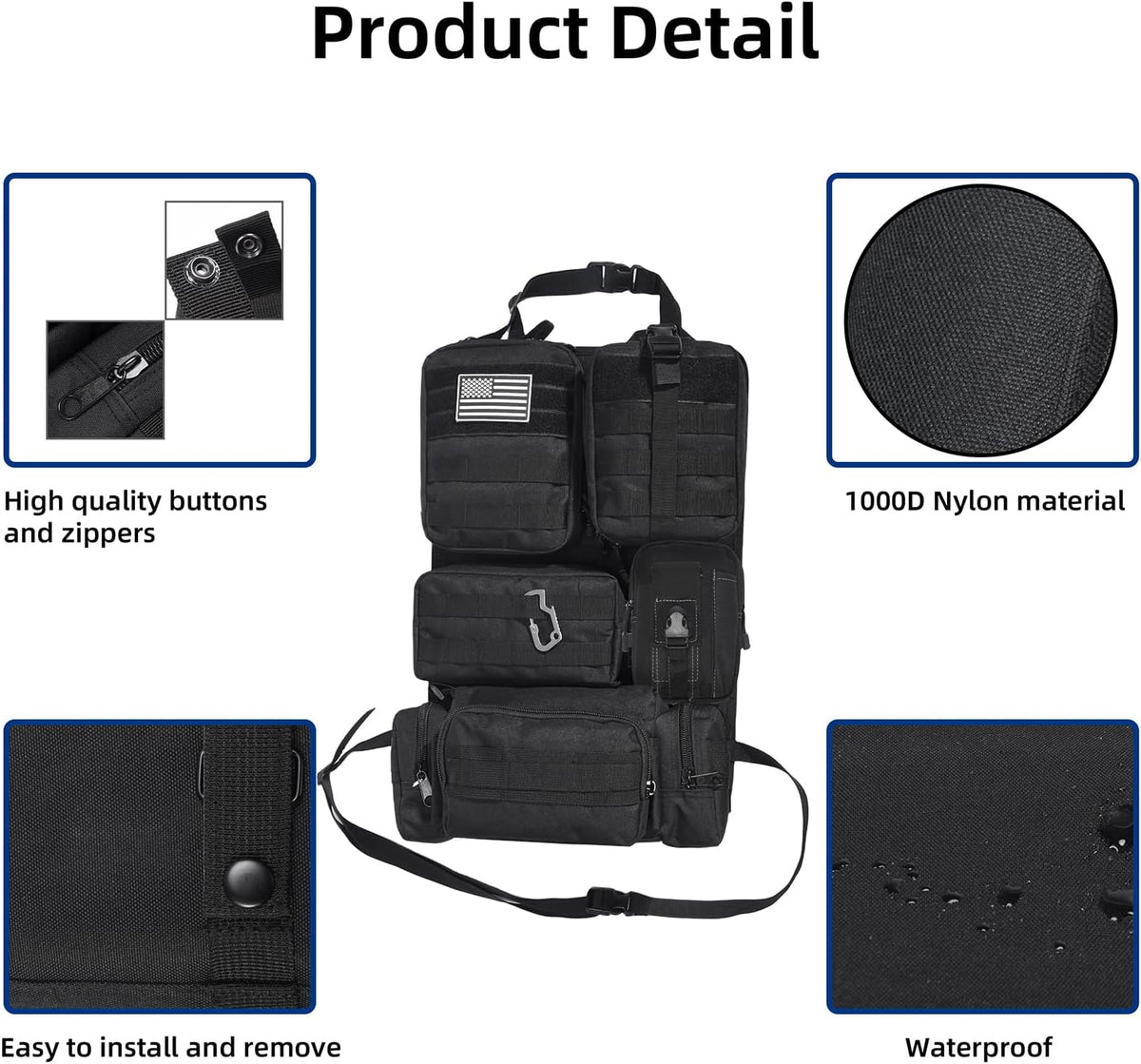 Tactical Car Seat Back Organizer,Tactical Molle Seat Back Organizer with 6 Detachable Molle Pouch,Universal Fits for Car Truck Jeep Vehicle Black