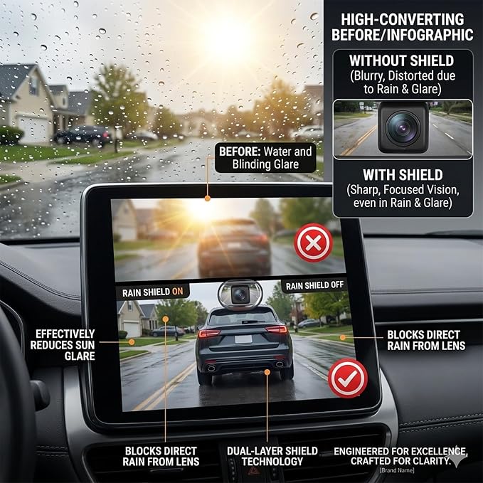 Universal Backup Camera Rain Shield, Debris Protector & Clear Lens Cover Combo