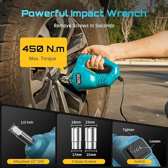 SEESII Electric Car Jack Kit: 5 Ton 12V Hydraulic car Jack with Impact Wrench and Tire Inflator Pump, 17.7 Inch Lift Range 3in1 Floor Jack Lift for SUV MPV Sedan Truck Change Tires Garage Repair