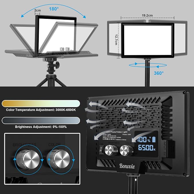 15W Rechargeable LED Video Light Kit, 9” Camera Light