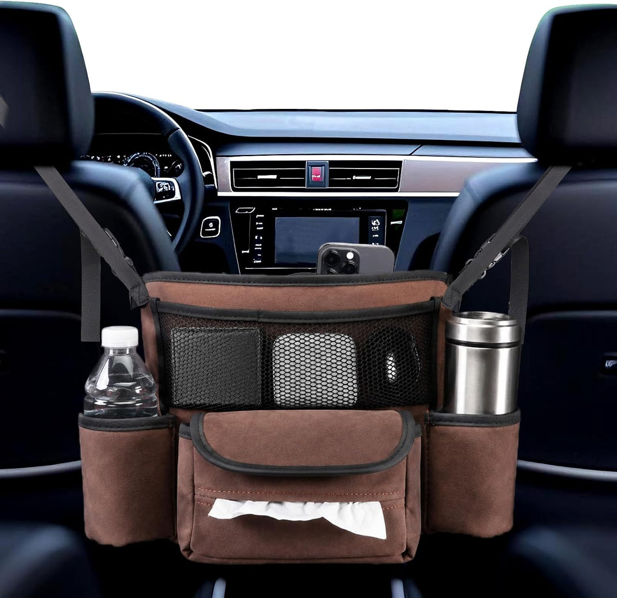 Car Handbag Holder Between Seats Suede Large Capacity Car Purse Holder Automotive Consoles, Fits Between Front Seats, Holds Wallet, Phone & Essentials (Brown)