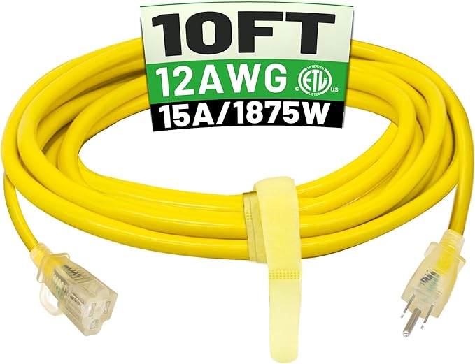 POWGRN 10 ft 12/3 Outdoor Extension Cord Waterproof Heavy Duty with Lighted Indicator End 12 Gauge 3 Prong, Flexible Cold-Resistant Long Power Cord Outside, 15Amp 1875W SJTW Yellow ETL Listed