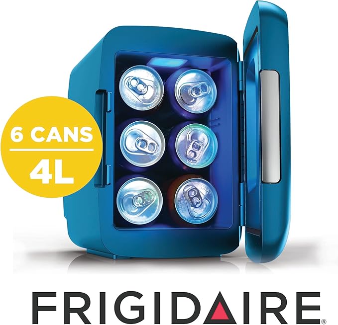 Frigidaire Gaming Light Up Mini Beverage Refrigerator, 6 can, 4 liters, Cooler with large see through door and LED lights Perfect for Gaming Experience, Home, Office, or Cars.12V Charger (Blue)