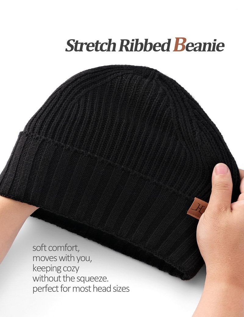 Valkgard Winter Beanies Hats for Men, Knit Fleece Beanie Skull Caps, Mens Toboggans Ribbed Cuffed Stocking Hat Black