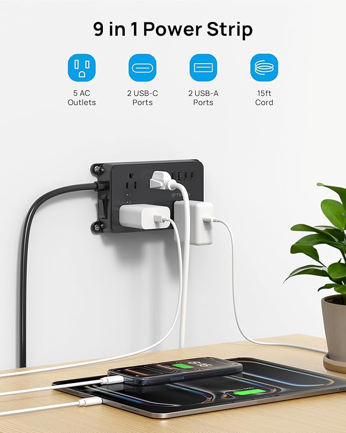 TROND Surge Protector Power Strip, 15ft Long Extension Cord, ETL Listed, 5 Widely Spaced AC Outlets, 2 USB A and 2 USB C, 1300J, Low-Profile Flat Plug, Wall Mountable, for Kitchen Office, Black