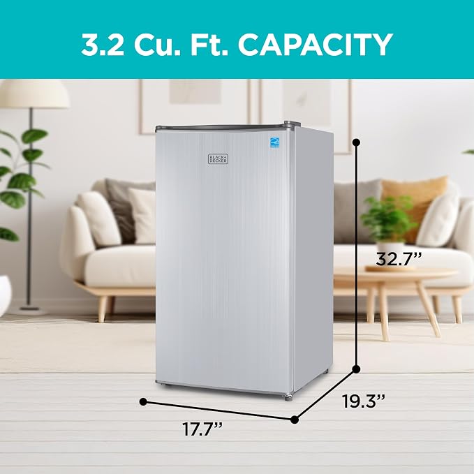 BLACK+DECKER 3.2 Cu. Ft. Compact Refrigerator, BCRK32V, Stainless Look | Energy Star Certified Small Refrigerator, Single Door Mini Fridge with Chiller Compartment, Personal Fridge for Home or Dorm