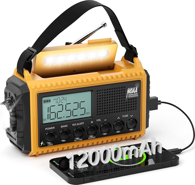 Emergency Radio12000mAh, Weather Radio 6 Ways Powered, Solar Hand Crank Radio