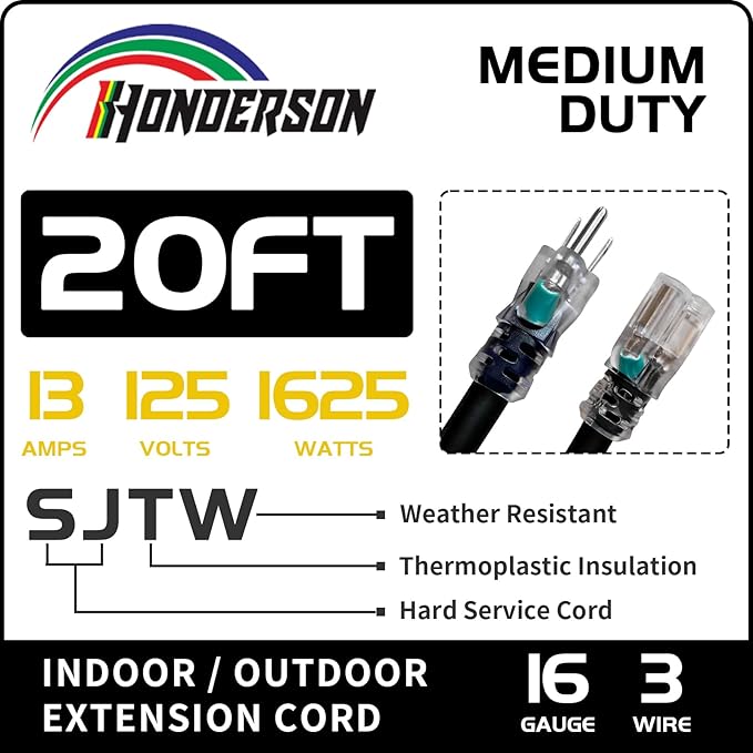 Indoor Outdoor Extension Cord Weatherproof with Lighted End, UL Certified, 16 Gauge 20FT Black 3 Prong Heavy Duty, 16/3 SJTW 13A Power Cord for Outdoor Lights, Lawn