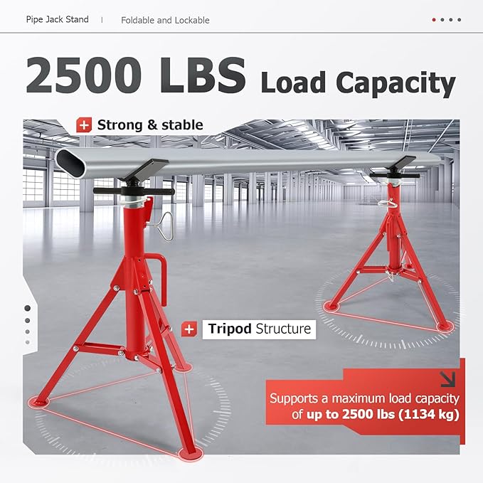 ECOTRIC V-Head Jack Stand Adjustable Height 28"-52" Folding Pipe Stand 2500 lbs Load Capacity Portable Stability Stand Steel Red