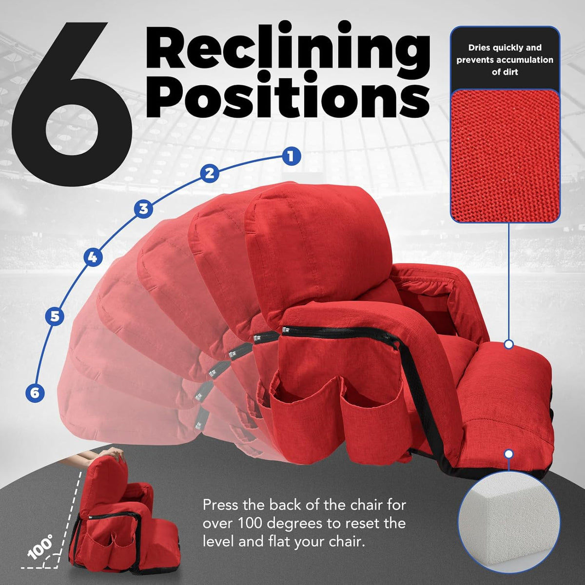 Skiennix Wide Stadium Seats - Extra Thick Bleacher Chairs with Back Support & Cushion | 2-Pack, 6 Reclining Positions, Red (22.5")
