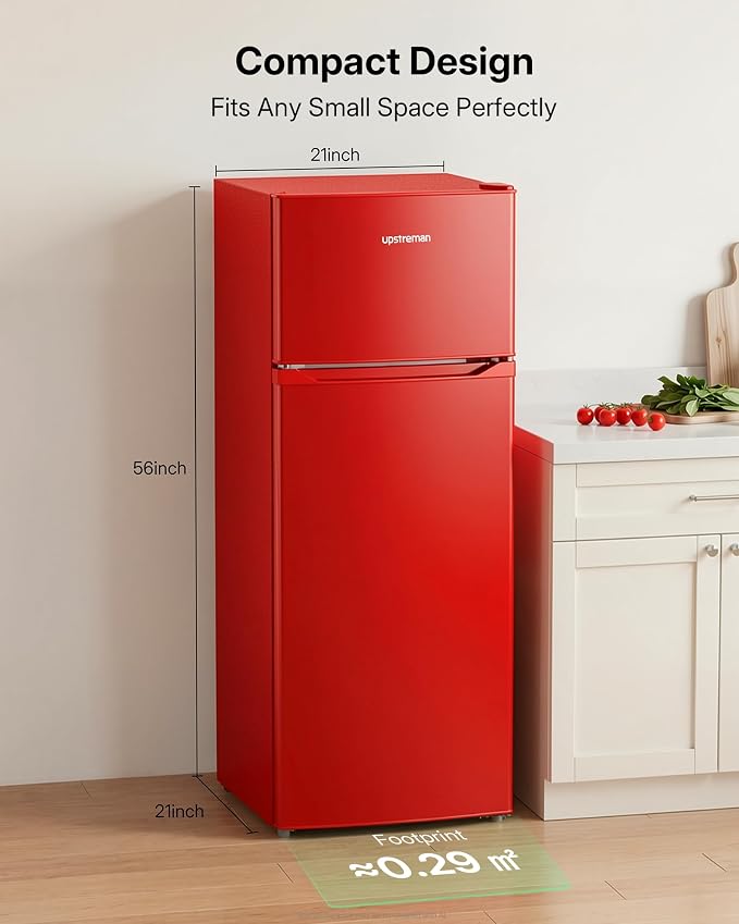Upstreman 7.7 Cu Ft Refrigerator with Freezer Double Door Fridge | 7 Adjustable Thermostat , Reversible Door, Large Capacity Refrigerator for Apartment, Dorm, Office, Kitchen, Red (BD-75)