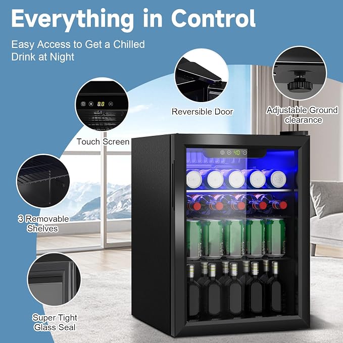 Erivess Mini Fridge 95 Can Beverage Refrigerator Cooler Glass Door for Soda | 2.6 Cu Ft Drink Fridge for Home/Bar/Office with LED Display, Digital Temperature Control, Removable Shelves for Wine, Black