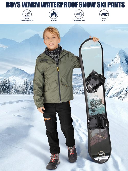 linlon Kids Boy's Snow Waterproof Pants Youth Fleece Lind Hiking Softshell Warm Insulated Ski Trousers,9056-Black-XXL(11-13Years)