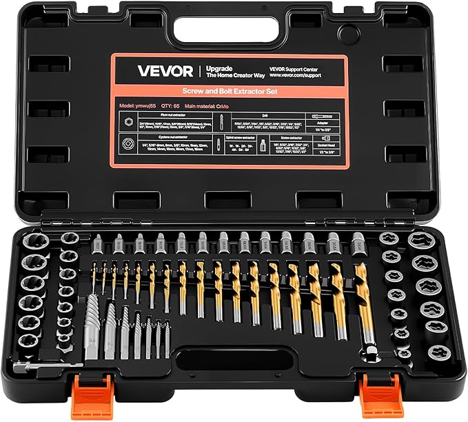 VEVOR Bolt Extractor Kit, 65 Pieces Easy Out Screw Extractor Set, Lug Nut Removal Tool with Left Hand Drill Bit Set for Removing Damaged, Frozen, Broken, Rusted, Rounded-Off Bolts, Nuts & Screws