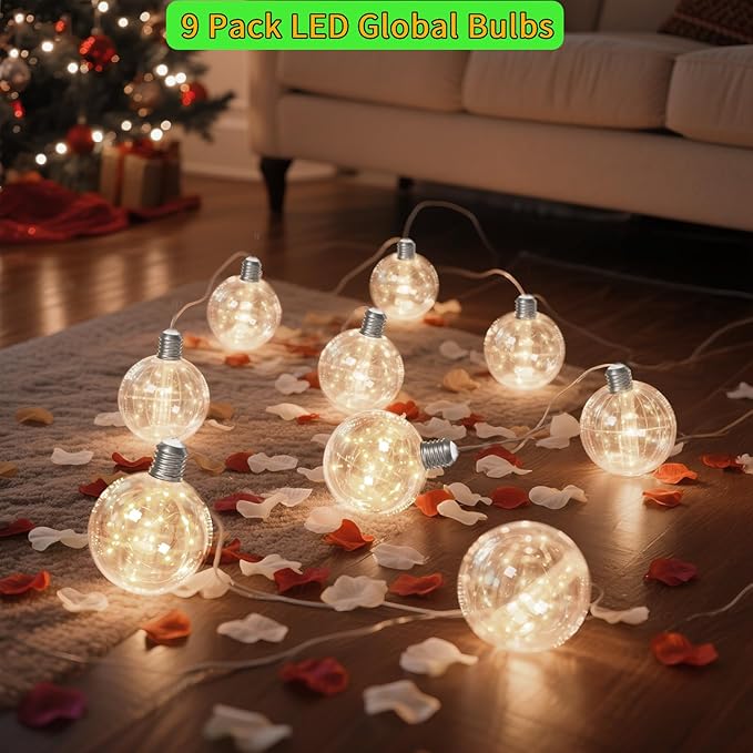9 Pack Globe String Lights, 10.3FT LED String Lights Indoor, G100 Waterproof Decorative Christmas Lights Ball Bulbs, Built-in 15 LEDs, Warm White Plug-in Fairy Lights for Patio, Bedroom, Halloween