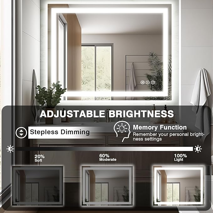40"x32" LED Bathroom Mirrors for Wall, Front and Backlit Mirror, Anti-Fog Vanity Mirror with Lights, Stepless 3 Colors Dimmable Lighted Mirror(Horizontal/Vertical)