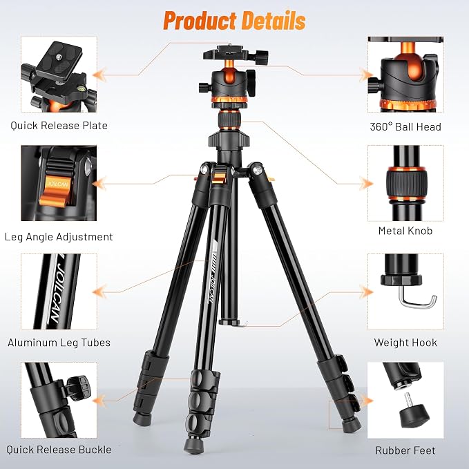JOILCAN 66" Camera Tripod, Travel Tripod