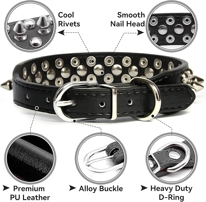 Spiked Dog Collar Soft Pu Leather Mushrooms Rivet Spike Studded Puppy Adjustable Pet Collars for Small Breeds (L, Light Blue)