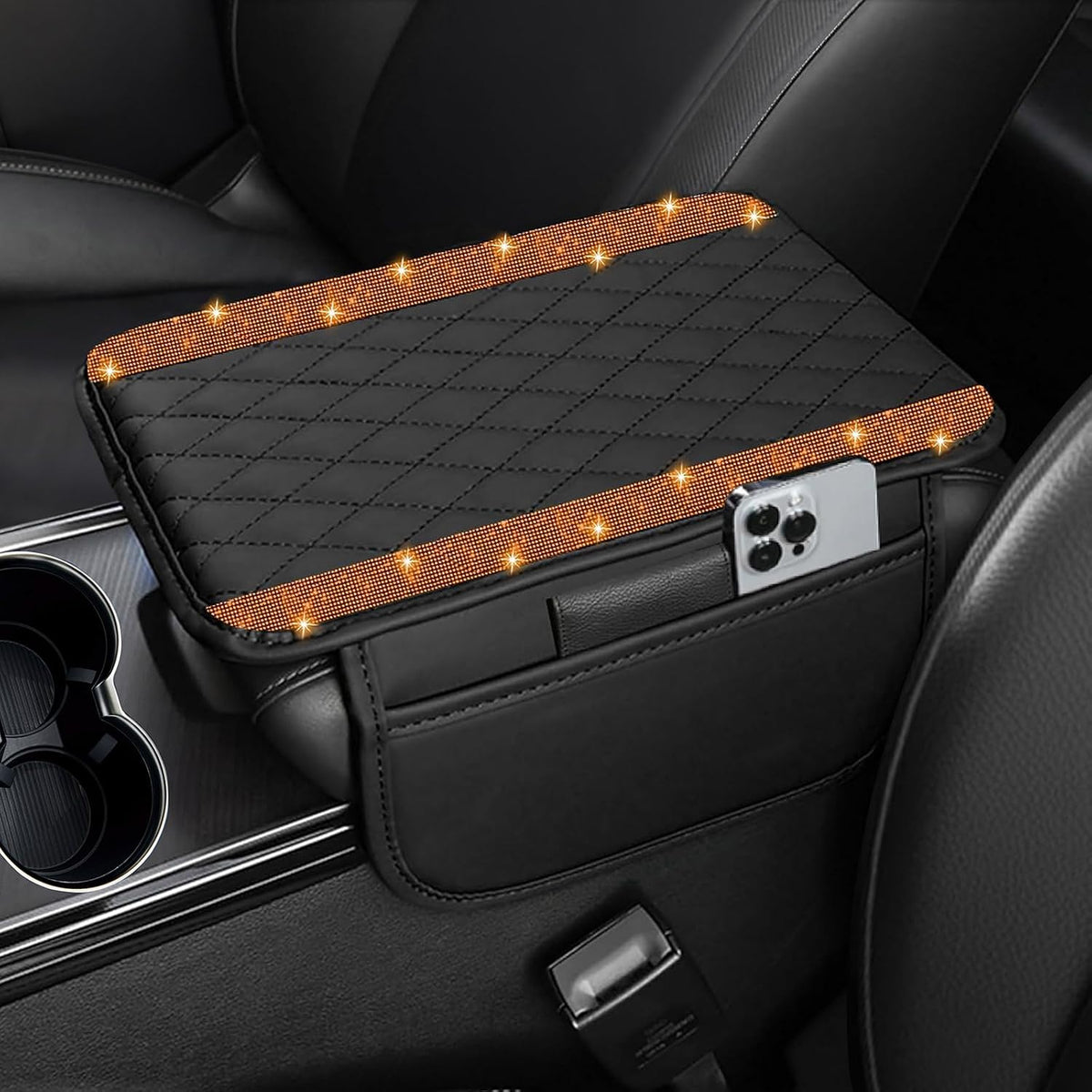 NBTEPEM Bling Car Center Console Cover, Leather Car Arm Rest Cover Cushion with 2 Storage Bags, Middle Console Cover Universal Armrest Protector Pads, Bling Accessories for Most Vehicles (Orange)