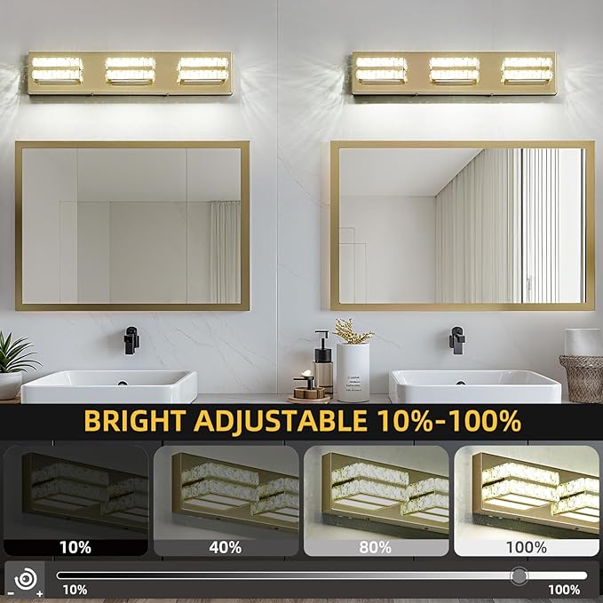 OKELI Crystal Vanity Lights LED Bathroom Vanity Light Fixture Over Mirror Modern Indoor Gold Lamp, 6000K Cold White Dimmable, 3-Lights, 20W, ETL Listed