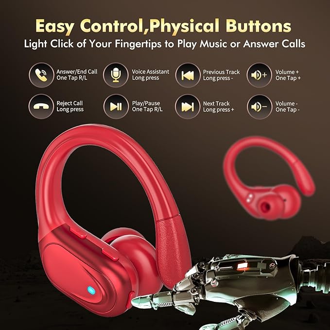 HAOYUYAN Wireless Earbuds, Sports Bluetooth Headphones, Noise Canceling Ear Buds with 80hr Playtime, LED Power Display, IPX7 Waterproof Earphones for Gym/Workout（Red）