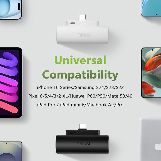 Miady 2-Pack 5000mAh Mini Portable Charger with Built-in Type C Connector, 5V 2.4A USB-C Output Fast Charging Small Power Bank Compatible with iPhone 17/16 Galaxy S24/S22 iPad (2 Black)