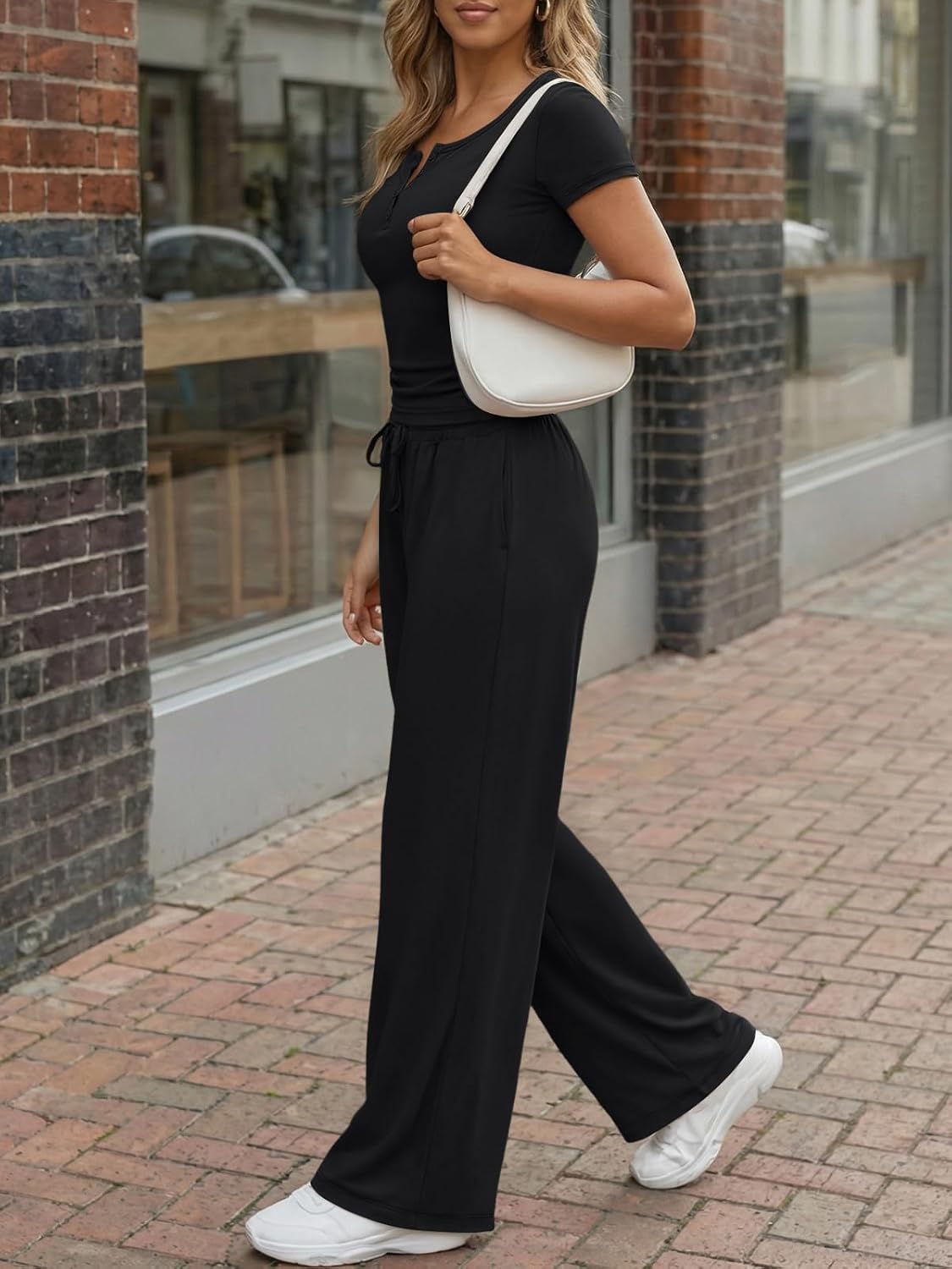 Trendy Queen Women's Lounge Set - Summer Henley Neck Crop Top & Wide Leg Pants | Casual Comfort