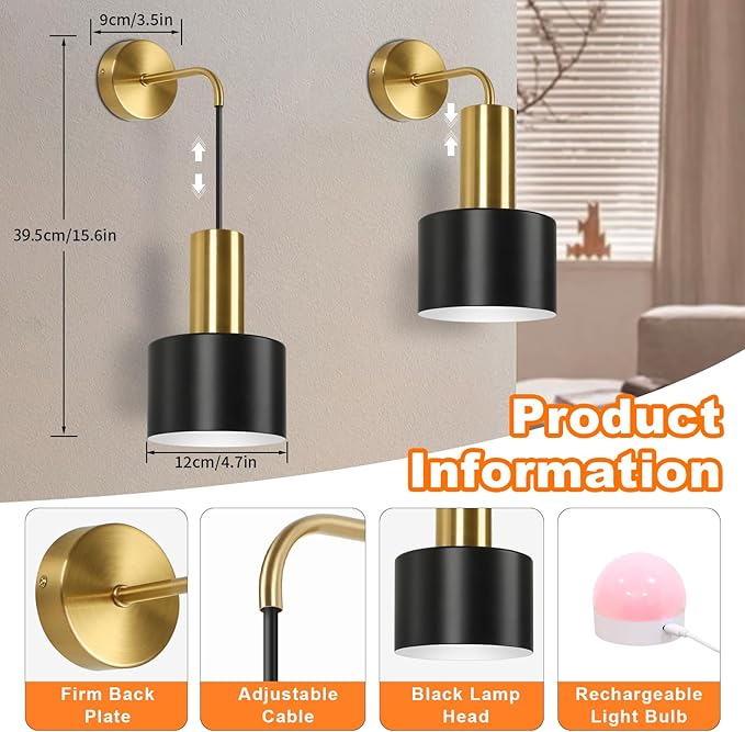 VerRon Rechargeable Battery Operated Wall Sconce Set of Two, Gold & Black Wireless Battery Powered Lights with Dimmable Detachable Bulbs & Remote, Modern Sconces Wall Decor for Bedroom Living Room