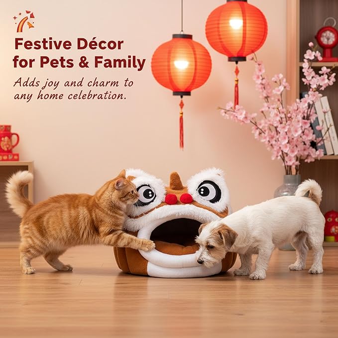 Cute Lion Head Pet Beds for Cats, Chinese Lion Dance Lion Cats Bed, Soft Cozy Plush Cat House & Dog Cave with Cushion for Small Medium Cats Dogs (Brown,L)