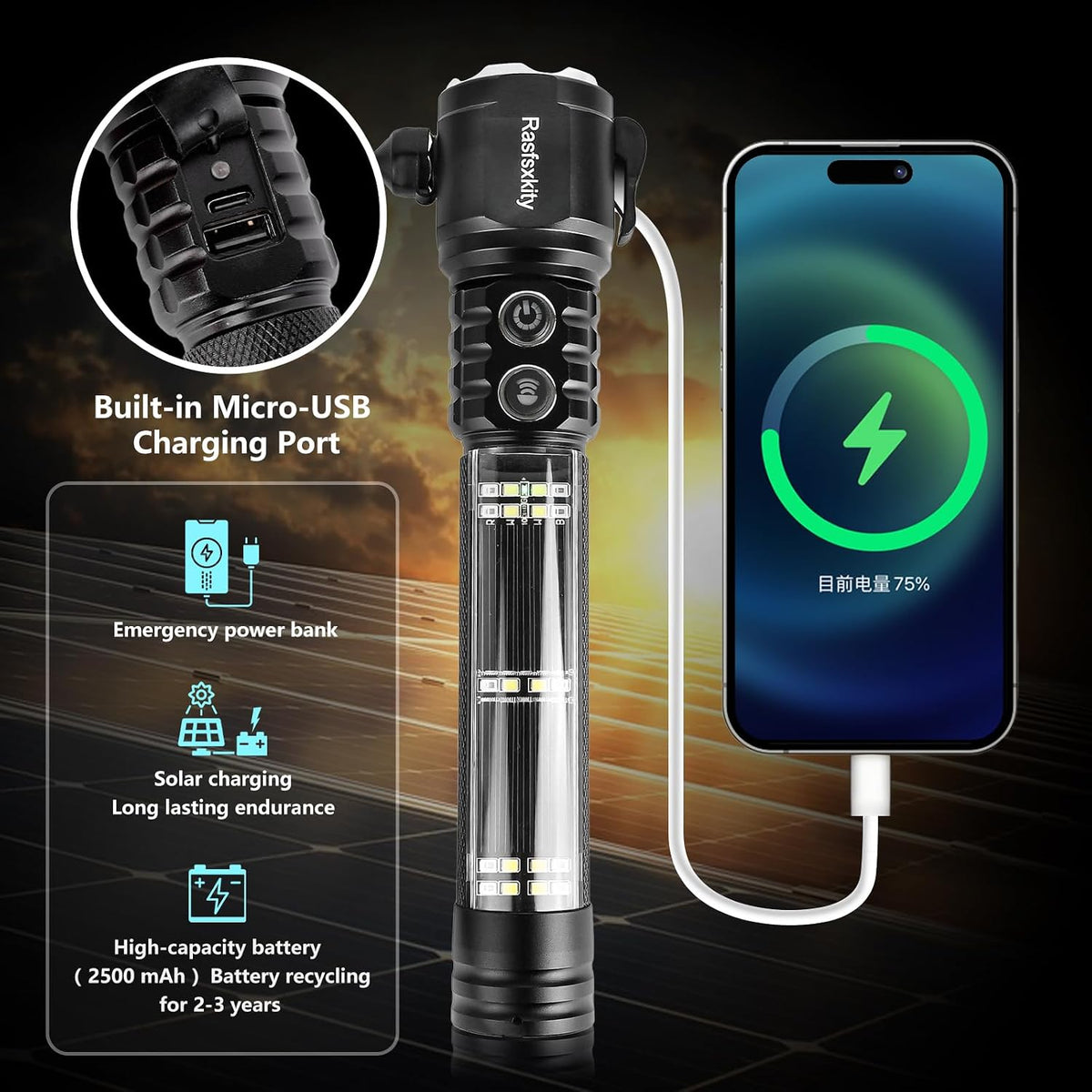 Emergency Flashlight with Window Breaker and Seatbelt Cutter, LED Flashlight, flashlights high lumens，Strobe sos Beacon，Mobile Power，Alarm Rescue，for car，Outdoor，Hiking, Fishing, Dog Walking