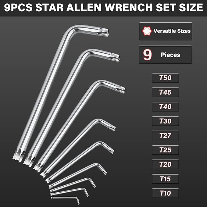HAUTMEC Torx Allen Wrench Set, 9PCS Star Allen Key Set, T10-T50 Star Allan Wrench Sets, CR-V Steel, Drilled Tips for Tamper Resistant Fasteners, HT0222-SS