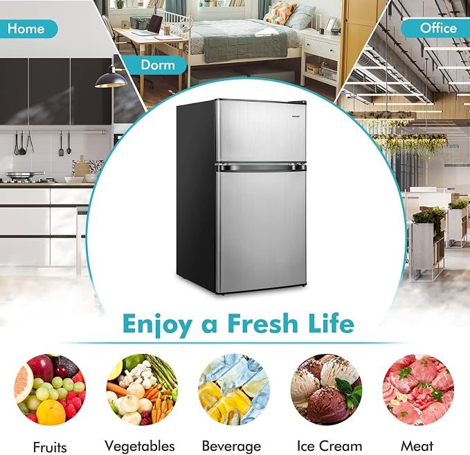 COSTWAY 3.2 Cu.Ft. Mini Fridge with Freezer, 2 Door for Office Bedroom Dorm | Compact Small Refrigerator with Reversible 2 Door, Adjustable Thermostat, Removable Glass Shelves for Food & Drink, Silver