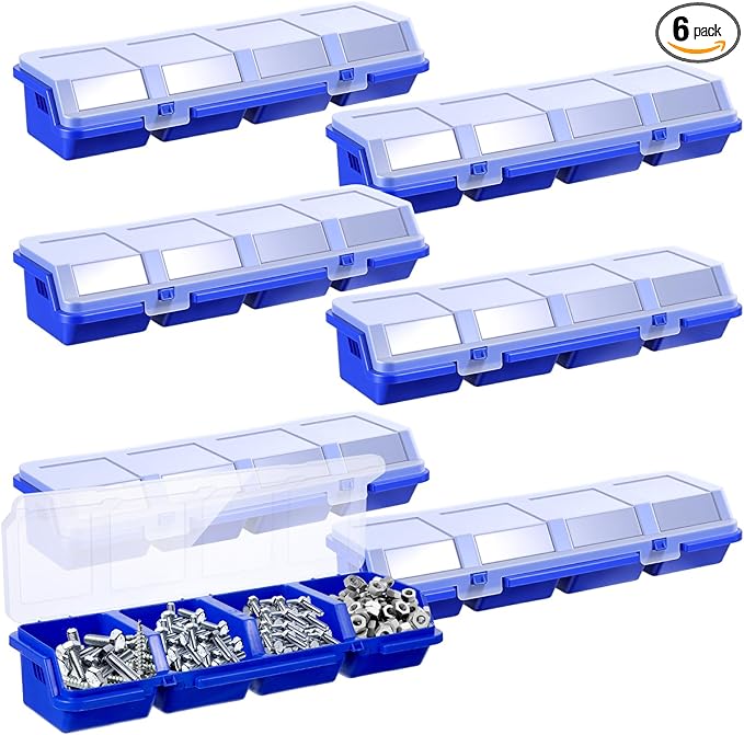 Yuanchu 6Pcs Screw Organizer Box with Lids,Small Parts Storage Bins with Locks 4 Divider Compartment Sorting Toolbox Case for Garage Tools Nails bolt Plastic Hardware Containers