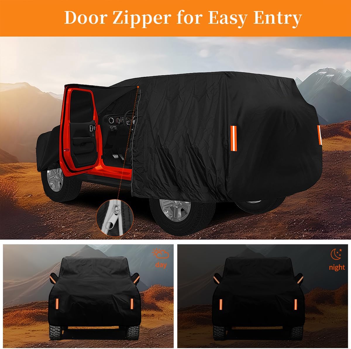 Waterproof Car Cover for Jeep Wrangler 2 Door 1987-2024 2025 JK JL TJ YJ CJ Sahara, Upgraded Outdoor Full Exterior Sun Rain Snow Hail Protection with Driver Door Zipper