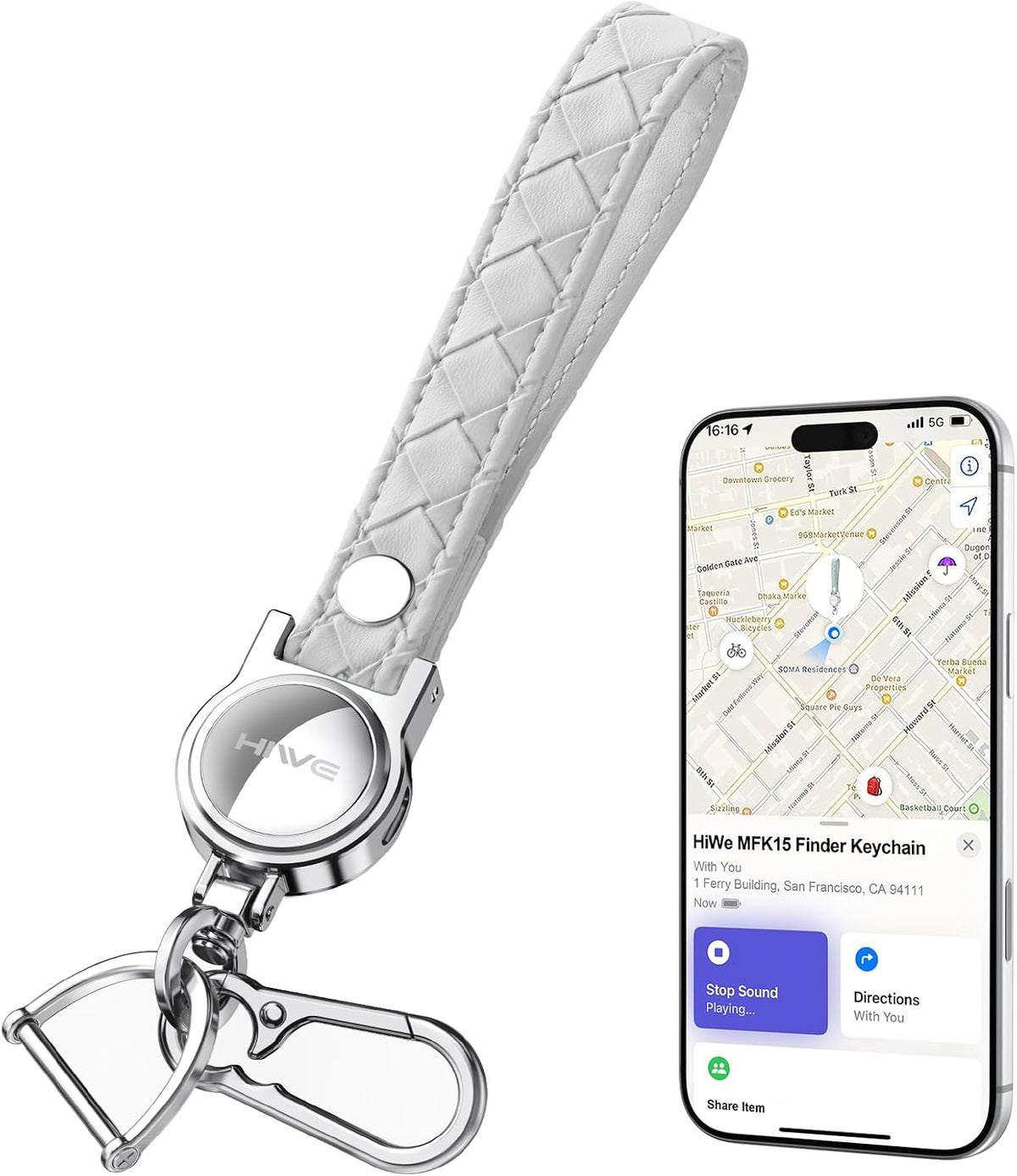 HiWe Anti-Lost Keychain, Works with Apple Find My, Carabiner Car Key Holder with Texture Leather Strap, Bluetooth Key Finder Tracker, USB-C Rechargeable, White