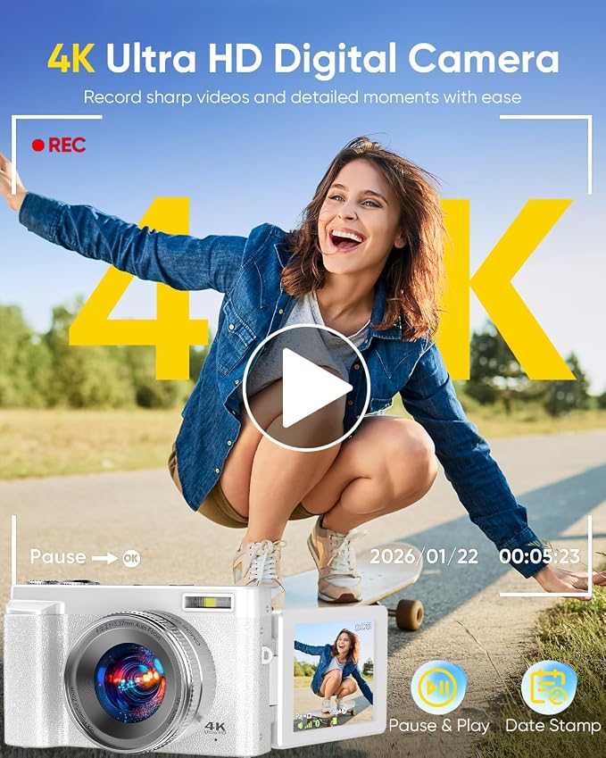 64MP Digital Camera for Photography, 2026 New WiFi 4K Vlog Video Camera for