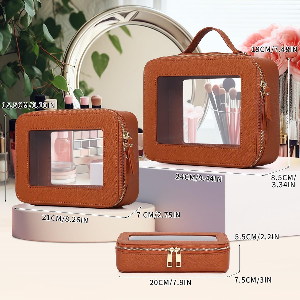 Pinkmik Clear Makeup Bag, (Brown, L+M+SLIM)
