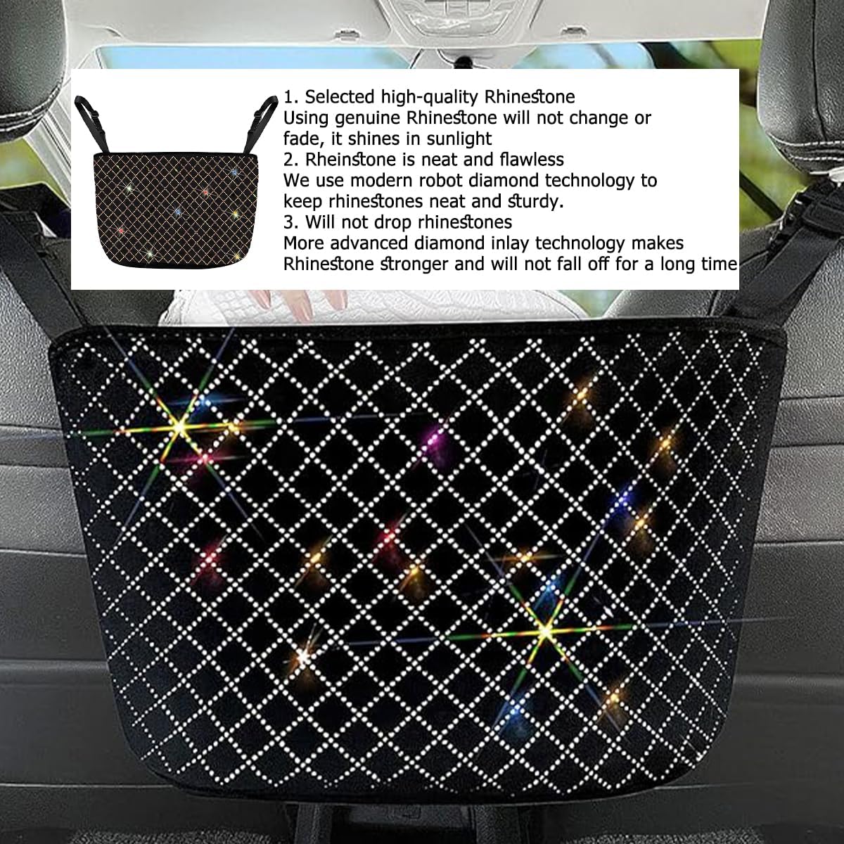 zipelo Bling Car Net Pocket Handbag Holder, Rhinestone Vehicle Backseat Purse Organizer Between Seats, Diamond Hanging Storage Bag Barrier of Pet Kids, Universal Automotive Accessories (Multicolor)