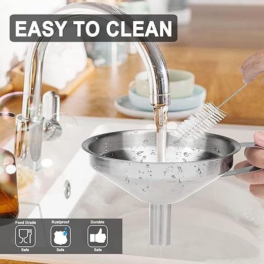Stainless Steel Funnels for Kitchen use,4PCS Kitchen Metal Funnel with 2 Removable Strainer,Cleaning Brush.Funnel for Filling Bottles,for Transferring of Liquid,Oils,Jam (5.1",3",2.2",1.8")