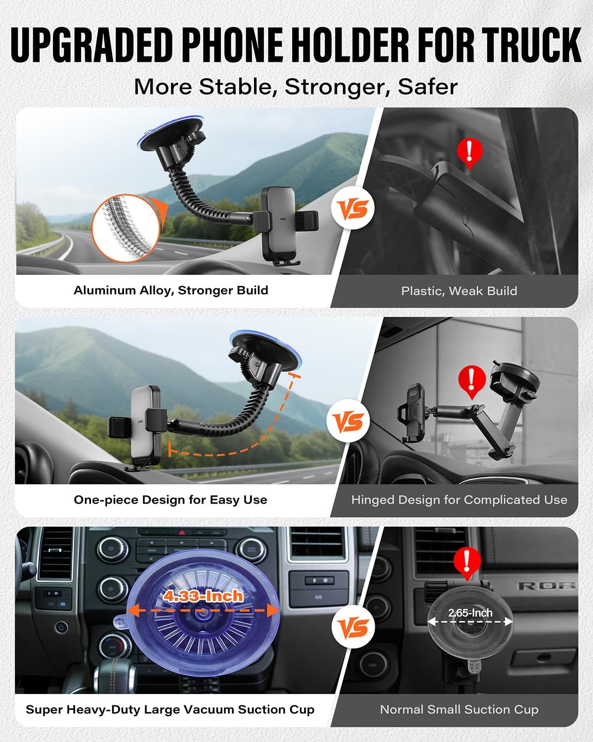 A2C Heavy Duty Truck Phone Mount, 10" Metal Long Arm Windshield Phone Mount