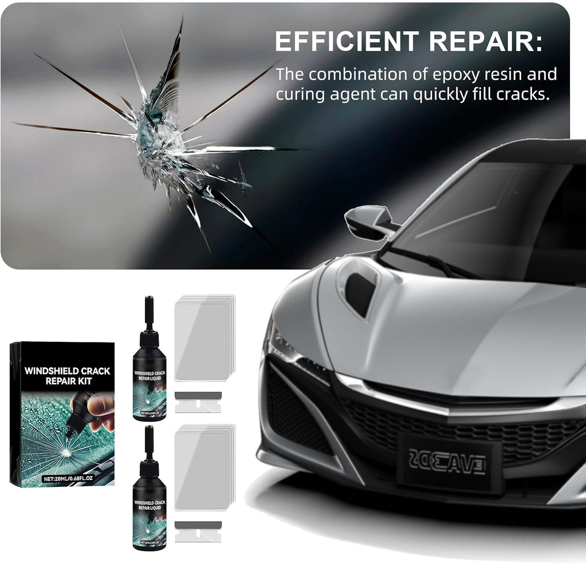 2 Pack Windshield Chip Repair Kit, Glass Repair Liquid for Cracks | Windshield Crack Repair Kit for Fix Car Windows, Rearview Mirrors and Glass, 20ML Cracked Windshield Repair Kit
